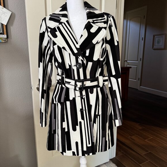 INC Black and White Abstract Print Trench Coat, Size Medium - Picture 1 of 6